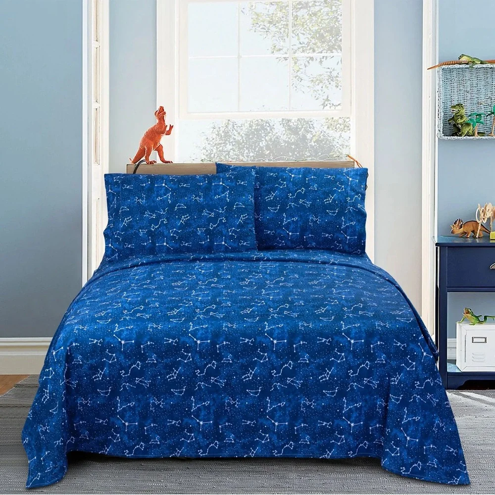 Kids' Soft Microfiber Sheet Set, Navy Blue Stars 4 Pieces Bedding Set
